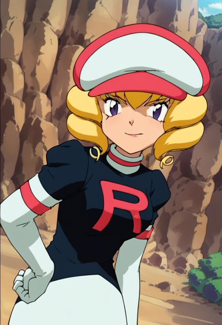 score_9,score_8_up,score_7_up,score_6_up, easynegative, negative_hand, Expressiveh, anime, screencap, source_anime, 
landscape, bent over, smile, looking at viewer, solo, cowboy shot, dutch angle, upper body
pkmndomino, 1girl, blonde hair, drill hair, bangs, purple eyes, hat2, Team Rocket Uniform, white skirt, white elbow gloves
