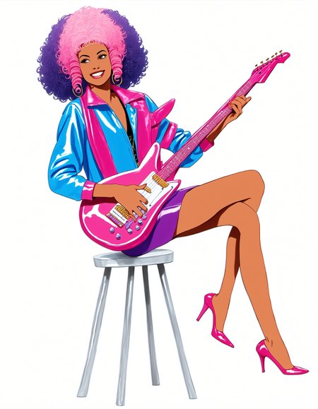 pprdl1z, afro, solo, dark skin, instrument, high heels, guitar, purple hair, skirt, dark-skinned female, white background, jacket, 1girl, full body, smile, simple background, curly hair, big hair, pink hair, shoes, playing instrument, music, PonyXLV6_Scores,  <lora:TierneyDollPDXL:1>