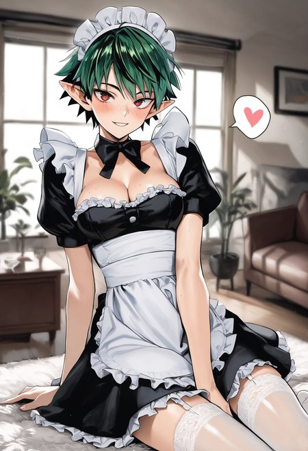score_9, score_8_up, score_7_up,
1girl, green hair, pointed ears, short hair, red eyes, breasts, tomboy face, freckles,
maid headdress, maid, heart, cleavage, spoken heart, short hair, looking at viewer, smile, frills, blush, sitting, short sleeves, bangs, alternate costume, apron, stockings,
living room,
 <lora:yusukemurata:1>, yusukemurata,