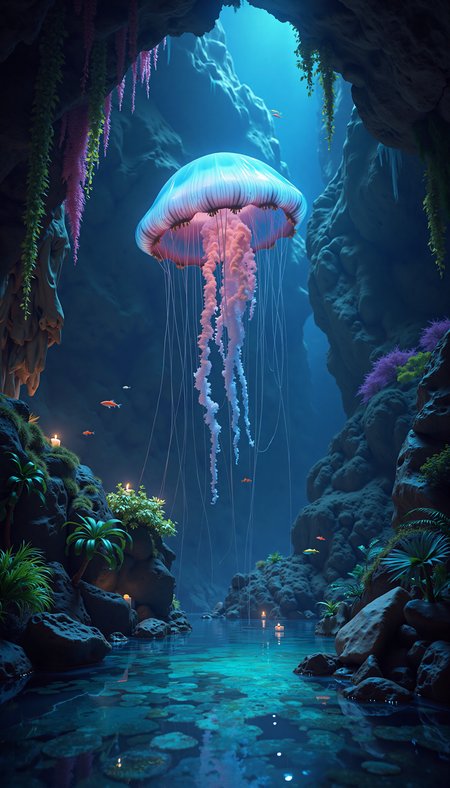 A mesmerizing, hyperrealistic photograph of a colossal, bioluminescent jellyfish floating serenely through a subterranean cave system. The jellyfish, with its intricate, pulsating tentacles, emits a soft, ethereal light, illuminating the surrounding stalactites and stalagmites. The cave walls are covered in vibrant, glowing moss, reflecting the jellyfish's light in an otherworldly dance of colors. Below, in a crystal-clear pool, small, bioluminescent fish dart among the rocks. The scene is a symphony of blues, greens, and purples, with the jellyfish acting as the central light source. The overall style is photorealistic, emphasizing the intricate details of the cave formations and the delicate textures of the jellyfish. High detail, 8k resolution, with a focus on realistic textures and the interplay of light and shadow.