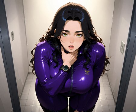 PonyScores7, source_anime, ah1, IllustriousQual, <lora:natsumi_style:0.5>, <lora:by_usakun-pony:0.4>, by usakun, <lora:Akina_Bbw_Style_-_PonyXL:0.2>, AkinBw,
BREAK (Dolly Zoom),
BREAK 1girl, mature female, (round face:1.2), (thick eyebrows:1.3), (curvy), round-chin, caucasian, (plump face), <lora:Round_face:0.2>, <lora:ETO_OCPonyXL:0.3>, eto_oc, skindentation, (plump), thick thighs, wide hips, busty, voluptuous, lips, <lora:venus body PonyXL:0.3>, <lora:shinyskin2:0.2>, glistening skin,
BREAK  (curly hair), long hair, (black hair:1.4), (parted hair:1.7), messy hair, kinky curls, <lora:hairdetailpxl:0.2>, hairdetailpxl,
BREAK (half green and brown eyes), (colorful eyes), (multicolored eyes), (downturned eyes:1.4), <lora:expressive eyes:0.2>, expressive eyes, <lora:eyedetailpxl:0.2>, eyedetailpxl, <lora:Eyes_High_Definition:0.2>, EyesHD,
BREAK ((awestruck Wonder expression, Wide eyes, mouth agape, amazed expression)), <lora:Expressive_H:0.2>, Expressiveh, <lora:Emotional_Anime_Expressions_PonyXL_Concept:0.2>, emotional, <lora:Best_Facial_Expression_LoRA_PONY:0.2>, looking at viewer, <lora:Detailed expressive EXEV style -XL Pony V1.0:0.2>, FaceDetail,
BREAK ((leaning slightly forward, one hand caressing their neck, exuding sensuality)),
BREAK Glittering Gold Deep purple bodysuit featuring oversized Yves Saint Laurent monograms, matte white YSL sunglasses, thigh-high boots with gold zippers, Givenchy Antigona bag in matte grey, Hublot Big Bang watch, shiny fabric, matte sunglasses finish, detailed zippers, polished metal watch links,
BREAK (((inner bailey))),
BREAK <lora:xl_more_art-full_v1:0.2>, <lora:aesthetic_anime_v1s:0.2>, <lora:EpicF4nta5yXL:0.2>, <lora:detailxl:0.2>, detailxl, <lora:Fant5yP0ny:0.2>, best quality, amazing quality, best aesthetic, absurdres, illustration, Volumetric_Lighting, ultra-detailed, very aesthetic, intricate details, 8k, masterpiece, best_quality
BREAK Stable_Yogis_PDXL_Positives, AS-Adult, <lora:Complicated fantasy portrait - XL Pony V2.0:0.2>, bad-hands-5, <lora:HDA_Detailer:0.3>, HDA_FatGirlXL,