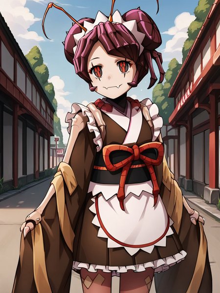 score_9, score_8_up, score_7_up, score_6_up, score_5_up, score_4_up, source_anime, <lora:StS_PonyXL_Detail_Slider_v1.4_iteration_3:3>,cinematic shadow, character focus, detailed skins,  soft skins, (cowboy shot:1.4), perfect curvy small breasts,dynamic pose,  <lora:Entoma_r1:1> entoma, monster girl, arthropod girl,skin fangs, purple hair, double bun, antennae ,entomadress,japanese clothes, maid headdress,ofuda on clothes, bow,frills, brown kimono, sleeves past fingers, wide sleeves, sash, obi, white apron, brown pantyhose, black footwear,  black eyes, symbol-shaped pupils, red pupils,outdoors, arms at sides,