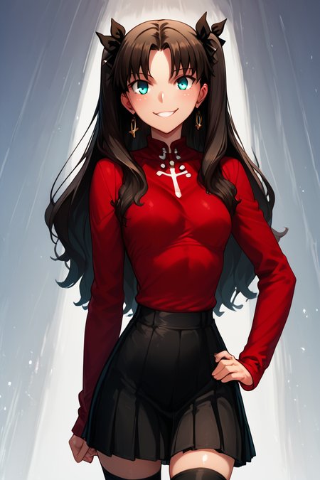 score_9, score_8_up, score_8, medium breasts, (curvy), cute, eyelashes,       BREAK, , BREAK, <lora:rin-tohsaka-ubw-ponyxl-lora-nochekaiser:0.8>, rin tohsaka, aqua eyes, black hair, hair ribbon, long hair, ribbon, sidelocks, two side up, parted bangs, black skirt, black thighhighs, long sleeves, miniskirt, pleated skirt, red sweater, skirt, sweater, thighhighs, turtleneck,, <lora:IncaseStyle_PDXL:1.0>, , BREAK,  smile, looking at viewer, cowboy shot,  embedding:zPDXL, Expressiveh, <lora:SDXLFaeTastic2400:0.5>,  <lora:Expressive_H-000001:0.4>,