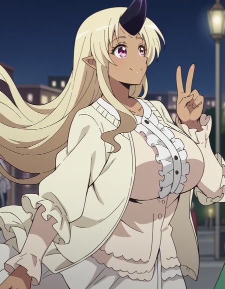 score_9, score_8_up, score_7_up, source_anime, <lora:tionishia-s1-ponyxl-lora-nochekaiser:1>, tionishia, long hair, blonde hair, very long hair, pink eyes, horns, pointy ears, dark skin, huge breasts, dark-skinned female, monster girl, single horn, tall female, frills, white dress, cardigan, centered frills,, city street, evening, streetlights, walking dog, quiet neighborhood, gentle breeze, smile, , v,, solo,, dutch angle,