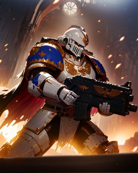 masterpiece, best quality, very aesthetic, absurdres
BREAK
gothic architecture in background, extremely detailed, absurdres, masterpiece, cel shading,
BREAK
full body, Space Marine, world eaters  legion, portrait, charging forward,  He is holding aiming, a bltgun bolter weapon. He is wearing a (white helmet), intricate (white armor), (blue shoulder pads),  (white plate armor), white gauntlets, white full armor, silver trimmings, cross detailing, torn cape, black fur,  panoply,
<lora:Astartes:1>  <lora:Bad_Hands_lora:0.8>  <lora:Bolter_-_Warhammer_40000_SDXL:0.6>  <lora:sinfully_stylish_SDKL:1> <lora:Expressive_H:1>