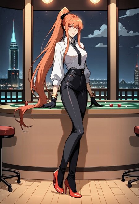 safe_pos, score_9, score_8_up, score_7_up, 1girl, night, indoor, in a casinò, full body, dynamic shot, from high, long legs standing behing a poker table, green table, solo, dynamic pose, Feng Ling, orange hair, red eyes, medium breast, long hair, ponytail, black pants, white shirt, long sleves shirt, black gilet, black neck tie, red heels, gold slim bracelets, black gloves, looking at the viewer, long legs, nice legs, white hips ultra detailed, masterpiece, <lora:add-detail-xl:1>, <lora:StS_PonyXL_Detail_Slider_v1.4_iteration_3:4>