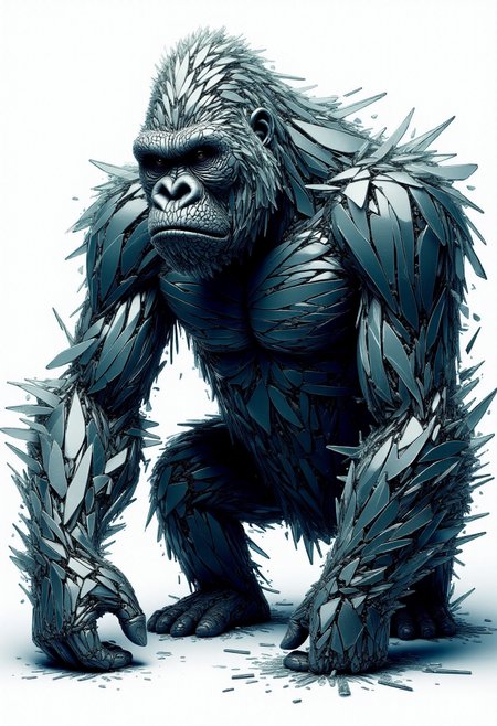 <lora:Glass_Fracture_Former_FLUX-000017:0.9>
This is a digital artwork featuring a stylized, surreal image of a gorilla made entirely of shattered glass.