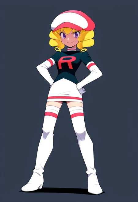masterpiece, best quality, very aesthetic, absurdres,
1girl, domino, blonde hair, purple eyes, drill hair, 
team rocket, thighhighs, team rocket uniform, hat, skirt, thigh boots, elbow gloves,
standing, full body, hands on hips,
smile, looking at viewer, solo, simple background,  <lora:DominoNoobXL_byKonan:1>