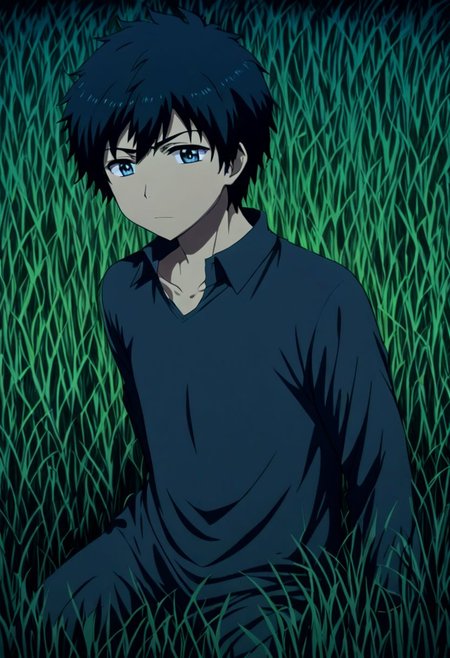 high resolution, solo, best quality, 1Boy, Arata Kaizaki, Black Hair, grass, middle night, OverallDetail