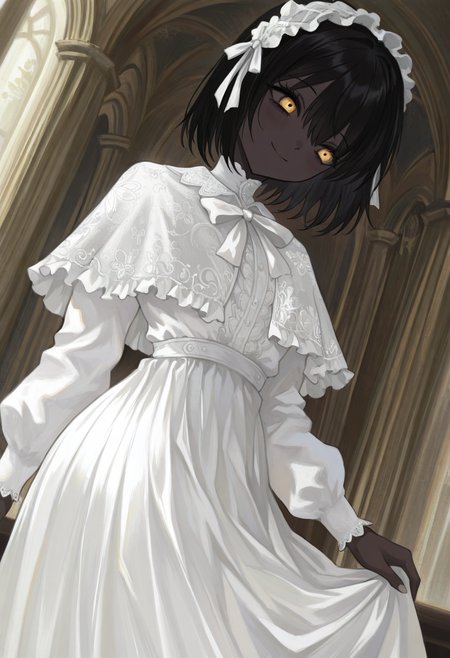 masterwork, perfect quality , amazing quality, absurdres, newest, hyper detailed, detailed, masterpiece, highly detailed, best quality, absolutely eye-catching, 1girl, solo, theprincess, dark-skinned female, very dark skin, black hair, short hair, yellow eyes, maid headdress, frilled hairband, white dress, long sleeves, capelet, white bow, smile, (dramatic angle, dynamic angle:1.2), <lora:theprincess-illust:1> <lora:NOOB_vp1_detailer_by_volnovik_v1:0.3> <lora:spo_sdxl_10ep_4k-data_lora_webui:0.6> <lora:748cmSDXL:0.3> <lora:mon_monmon2133:0.4> <lora:noobai_vpred_1_masterpieces_v23:0.5>