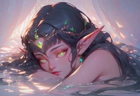 score_9, score_8_up, score_7_up, score_6_up, score_5_up, 1girl, ((elf)) lying seductively, long hair, black hair, long bangs,  beautiful green eyes, luminous eyes,