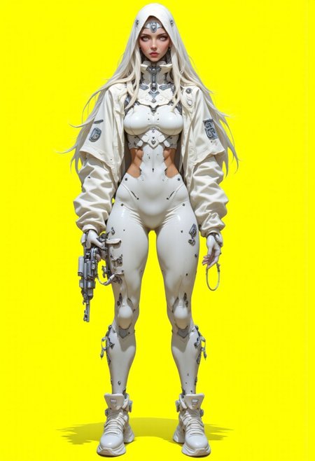 (anime, cyberpunk, R3alisticF, niji, gothic, erotic, anime, HD, 8K quality, ultra-detailed, futuristic digital illustration) a slender female character exuding confidence and readiness for action. She wears a sleek, all-white bodysuit with intricate paneling and seams, paired with a modular high-tech backpack in pure white, featuring angular mechanical components. Her long white hair flows from beneath a hooded white jacket with a high collar covering her neck. A minimal white crop top is visible underneath. The outfit is entirely monochrome, blending advanced techwear design with elegant simplicity. She stands in a strong, confident pose, left hand on her hip, right hand gripping a small futuristic device, streamlined and reflective. Her white sneakers have layered, rugged textures and exaggerated soles, amplifying the modern, tactical aesthetic. The character's expression is serious, her sharp features framed by strands of white hair, her eyes conveying intense focus and determination. The background is a solid, bright yellow, emphasizing her silhouette and clean, futuristic style. The ultra-realistic rendering captures the contrast between soft fabric, rigid armor-like elements, and polished surfaces, presenting a bold, minimal yet high-impact visual statement in a cyberpunk-inspired vision.