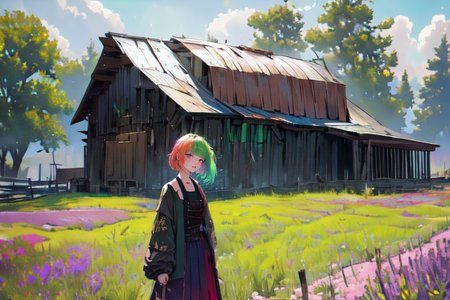 (otherworldly), highly insanely detailed, masterpiece, top quality, best quality, highres, 4k, 8k, RAW photo, (very aesthetic, beautiful and aesthetic), farm, fields, barn, fence, fantfa, <lora:FantasyFarm-10:0.8>, 
1girl, 
(neon green hair,strawberry blonde hair,lavender hair ,colored inner hair,gradient hair), 
(honey blonde background),âââ