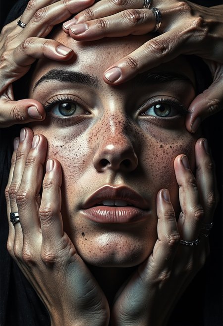 An ultra close-up portrait of a woman’s face, filling the entire frame, leaving no visible background. Her expression is unreadable, partially hidden beneath a mass of hands—a mixture of tiny, delicate fingers of infants, smooth hands of youth, and wrinkled, veined hands of the elderly. The hands are not her own; they belong to many others, pressing gently yet firmly over her features, partially covering her eyes, mouth, and cheeks. Some hands grasp her jawline, others stretch over her forehead, their fingertips resting just above her lips, as if silencing her. The variation in skin textures is striking—soft, unblemished baby hands contrast against aged, gnarled fingers with deep lines and prominent veins. Though her eyes are partially covered, faint glimpses of them peek through the gaps, revealing an intense gaze filled with an emotion that remains just out of reach. Shadows from the overlapping fingers create a layered depth, making her face feel both hidden and revealed at the same time. The lighting is moody and dramatic, with high contrast between the illuminated skin of the hands and the deep shadows cast across her face. The lack of a background isolates her, making the tangled, intricate weave of fingers the singular focus. The contrast between the lifelike textures of the hands and her obscured, expressionless face creates a haunting, surreal narrative—one of silence, control, protection, or something unknown.