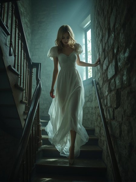 <lora:Refined_Beauty_v1_style.safetensors:1> RefinedBeauty_DA
In the mirrored dimness of the stairwell, a woman ascends with a grace that seems almost otherworldly. Clad in a long, flowing white dress, she exudes a vintage and ethereal charm. The gown, with its ruched bodice and short, puffed sleeves, is crafted from a lightweight, sheer fabric that sways with each step, adding to the dreamy ambiance. Her hair, styled in loose waves, cascades down her back, enhancing the soft and romantic theme of her attire.
The stairwell, now illuminated by a soft, natural light filtering through the opposite window, is lined with rustic elements that create a mysterious and timeless atmosphere. The wooden banister and aged stone walls reflect the gentle glow, casting delicate shadows that dance around her. As she moves, the fabric of her dress catches the light, creating a mesmerizing interplay of transparency and shadow.
The reversal of the scene has transformed the once-descending figure into an ascending one, shifting the dynamic of the environment. The upward motion adds a sense of journey and purpose, as if she is climbing towards an unseen destination. The natural and rustic elements, now seen from a different angle, enhance the surreal and mystical quality of the setting. Each step she takes is a silent whisper, a part of a timeless tale being woven in the air around her.