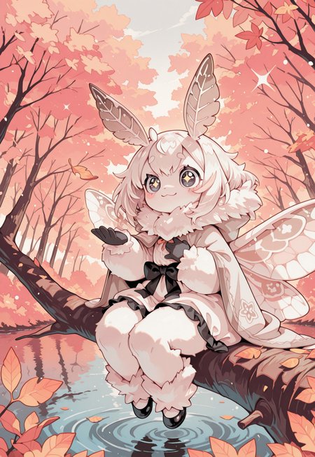 sparkling eyes, glitter eyes, S4bit4mago_illu, s0wasow4rt_illu, halftone, detailed background, , Cartoon_Type, score_9, score_8_up, score_7_up, (solo), extreme detail, masterpiece, best quality, cute dress, amazing quality, very aesthetic, lake, cloak fluttering,  high resolution, fluffy fur,  hand on chest, ultra-detailed, absurdres, (1 beautiful moth girl), 1 girl, fluffy, (compound eyes), sitting, anthro, ((cute theme)), source_anime, large black eyes, body covered, reaching for leaf, leaf in foreground, depth of field, looking into distance, wings covering body, standing on branch, in foliage, soft smile, wearing cloak, curvy, glossy body, puzzled look, sparkling eyes, glitter eyes,