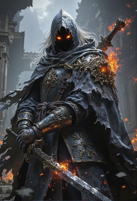 Haunted knight, rusted armor, burning eyes, cracked shield, cursed blade <lora:Elden_Ring_-_Yoshitaka_Amano.safetensors:1.0>,  <lora:black_fantasy.safetensors:0.75>,