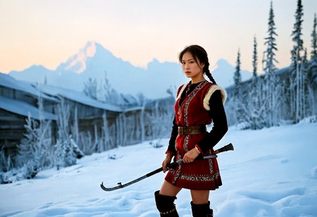 Stable_Yogis_PDXL_Positives, ziprealism, A professional photography in Steve McCurry stvmccrr style, rich colors, cultural portrait, Siberian-Asian, Under the deep indigo hues of a Siberian twilight, the silhouette of a young female hunter emerges against a dense line of evergreens. Snow sparkles faintly in the fading light, while the quiet stillness of the landscape amplifies the hunter's serene yet commanding presence., The young female hunter wears a practical yet elegant woolen tunic, its hem lined with intricate embroidery. A fitted vest accentuates her slender midriff, while her high-waisted thigh-high stockings in muted crimson meet rugged leather boots. Her athletic thighs and graceful curves reflect both beauty and strength, harmonizing with the untamed Siberian wilderness of the 17th century., Her frost-kissed skin, a rich bronze, contrasts beautifully against the pale landscape, giving her a timeless, striking appearance. Her hair, bright and thick, is braided into a series of tight knots, with fur and beads woven into the strands, capturing the essence of both strength and femininity., Against the frosty backdrop, her figure is adorned in finely tailored garments, accentuated with fur trims. A sturdy belt with tools and pouches encircles her waist, while her flowing chestnut hair, wild yet adorned, blends into the rugged elegance of the untamed wilderness., She personifies the essence of Siberia, a land defined by vast expanses and unforgiving winters. Her proud, erect femininity mirrors the vitality of this untamed land, embodying a symbol of enduring beauty and resilience that flourishes against all odds., This portrait recalls the detailed realism of Ivan Kramskoi and Konstantin Makovsky, combined with the atmospheric quality of Isaak Levitanâs landscapes. The intricate textures and historical authenticity highlight the resilience of the Siberian environment and the beauty of its people., <lora:add-detail-xl:1.0><lora:Consistency Corrector XL:0.4><lora:stvmccrr:1>âââ