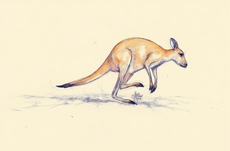 Sharp image of a rough sketch, rendered in vibrant multi colour ballpoint pen, capturing the adorable features of a kangaroo in mid-air, with its body stretched out and its tail extended upwards. The background is a light beige color, and the ground appears to be dry and barren. The animal is facing towards the right side of the image, and its head is turned slightly to the left. Its body is elongated and its legs are stretched out in front of it, with one leg slightly bent at the knee and the other extended behind it. Its tail is long and curved, and it has two small ears on its head. The image is taken from a low angle, looking up at the animal.  p3nsk, <lora:p3nsk:1>