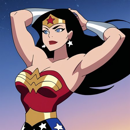 score_9, score_8_up, score_7_up, score_6_up, absurdres, best quality,  source_cartoon, arms up, armpits, <lora:JLWW:1> , wwjl, 1girl, long hair, breasts, smile, blue eyes, black hair, cleavage, bare shoulders, jewelry, strapless, medium breasts, wonder woman, vambraces, earrings, star, symbol, leotard, makeup, tiara, lipstick, star earrings, red leotard, upper body, star print, closed mouth, portrait,