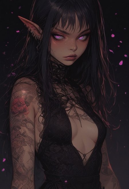 score_9, score_8_up, score_7_up, high detailed, high quality, masterpiece, no text, quality highlights, 8k detail, detailed background, source_anime, dynamic view, hentai, ultra-detailed, 
...
1girl, (((solo))), pale elf, female focus, expressiveh, (young), (cold skin),
(black hair), purple eye whites, ( irises like moons), (long hair),
((round hips)), (small breasts), lips,
(incredibly sexy), sexy pose, pose, ((tattoos)), ((piercing in lips))
...
closed mouth,
((An elegant gown, a dress of belts, a dress of ribbons, black collar,  center opening, side slit, high-waist sideboob)),
cowboy shot, looking at viewer, raised hand, green flame in hand, gold makeup, purple lips,
sitting, posing, close-up, 
...
(((white simple background)))