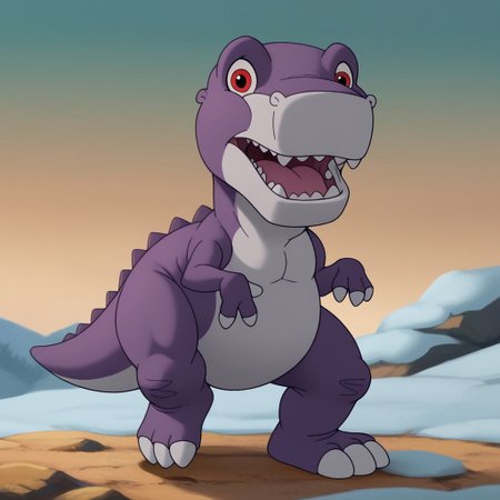 score_9, score_8_up, score_7_up, score_6_up, score_5_up, score_4_up, source_furry, Chomperlbttv, feral, male, Tyrannosaurus rex, dinosaur, scalie, purple skin, red eyes, front view, one leg up, on one leg, open mouth, head turned, valley, rocks, snow covered rocks