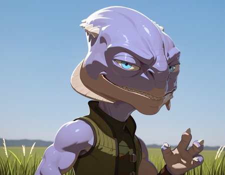 	masterpiece, best quality, amazing quality, male, males only, male focus, male, solo, Grevel  , purple skin,  green outfit, blue eyes, shortstack males, claws (muscle )  grass, day time, Background, looking at viewer, male focus, smirk, close up, side angle, upper body only
