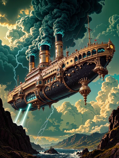 famous artwork, dramatic lighting, masterful use of light and shadow, sfumato, hyper-realistic, ultra-high-resolution, masterwork classical-style fantasy painting combining steampunk, science fiction, and rococo-era elegance. a majestic, gravity-defying steampunk airship floats through a turbulent, storm-ridden sky above an alien world, its design fusing mechanical ingenuity with the ornate decadence of rococo artistry. low clouds and sweeping mist wrap around the vessel as it ascends through a churning sky filled with lightning and swirling cloud formations, a distant moon illuminating the horizon with cold light. beneath the ship, the storm churns over an otherworldly ocean, creating a dramatic and layered composition. the fantastical airship, majestic and immense, embodies the blend of machine and ornamentâmore floating palace than vessel, hovering as if suspended by magic. the hull is crafted from dark, living metal , but its surface is covered in lavish rococo embellishments: gilded scrollwork, asymmetrical flourishes, and floral detailing that glisten with gold leaf patina. delicate balconies, miniature towers, and decorative motifsâresembling carved sea monsters, scallop shells, and garlandsâare inset across the shipâs curving frame. along its length, three identical chimneys rise like baroque spires, each evenly spaced and trailing a spiraling plume of cyan flame into the roiling heavens, glowing with mystical eldritch power. soft golden light emanates from portholes ringed with ornamented flourishes, giving the sense of a floating opera house drifting through a dream. low-angle perspective from near ground level, enhancing the shipâs monumental elegance and theatrical silhouette as it ascends through stormclouds. dramatic rembrandt-style lighting sculpts the ship in chiaroscuro, playing warm highlights along the gilded scrolls and casting soft, detailed shadows into the folds of the hull. the stormy background contrasts with the airshipâs warm, glowing elements, and soft haze created with sfumato technique softens the harshness of the weather into an ethereal, dreamlike setting. soft painterly brushstrokes emulating oil on canvas, with layered glazes to enhance the luminous glow and depth of detail, inspired by 18th-century rococo color palettes and classical fantasy illustration, black and gold and cold shades of green with highlights of eggshell white and indigo blue and wine red, ovg, sinfully stylish, <lora:epic_gorgeous_details-balance-flux-by_flyway:0.48> <lora:sinfully_stylish-dramatic_lighting-v1.0-flux-by_exuberantconsent:0.56>