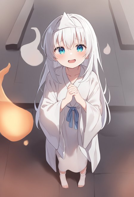 1girl,sincos, ningen mame, toosaka asagi,solo,medium breasts,
triangular headpiece, shiroshouzoku, hitodama, ghost pose,<lora:triangularheadpiece_XL_v1:0.9>
ghost,  white japanese clothes, long sleeves,  wide sleeves,ghost tail
from above, panorama shot, looking up, white hair, green eyes,evil smile, on pedestrian bridge, open mouth, disheveled hair,,
best quality, very aesthetic, absurdres