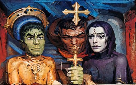 social realism \(style\),religious painting \(genre\) ,<lora:david-alfaro-siqueiros_pony_v1:1> ' bi mmf ' by Siqueiros David Alfaro in 1944,   <lora:Beast_Boy_and_Raven_-_Bi_MMF:1> , colored skin, hetero, uncensored,Beast_Boy_and_Raven religious halo, score_9, score_6_up, score_7_up