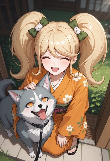 masterpiece, <lora:MoriiMee_Gothic_Niji_Style_Illustrious_r1:1>, artist:moriimee ,  (grunge_anime), masterpiece , prideful expression , danganronpa_(series), danganronpa_2:_goodbye_despair, saionji_hiyoko, 1girl, blonde_hair, bow, cat_hair_ornament, collarbone, floral_print, green_bow, hair_bow, hair_ornament, japanese_clothes, kimono, long_hair, long_sleeves, orange_eyes, orange_kimono, sandals, shoes, twintails, wide_sleeves, zouri , dog, black leash, fluffy, gray fur, pink tongue, closed eyes, green grass, blurry background, bright sunlight, daytime, summer, happy, smiling, close-up, shallow depth of field