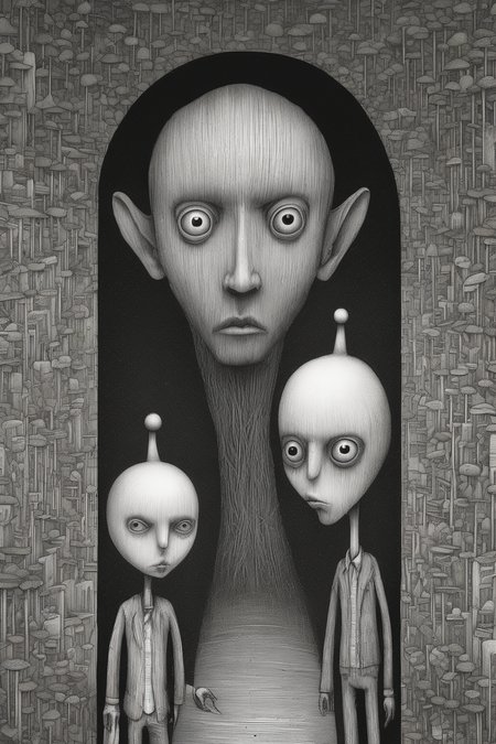 John Kenn Mortensen Style - style of Junji Ito and Naoto Hattori, Stanley Donwood left right straight twins primitive art