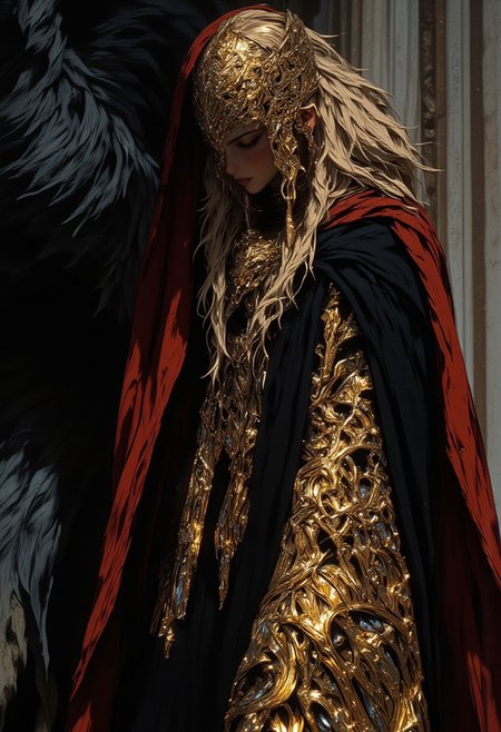 "The princess shrouded herself from head to toe in a cloak of dark satin and wore a gold headdress."