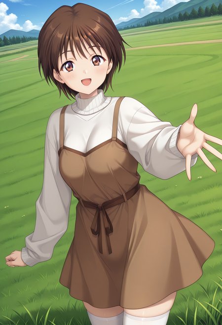 kuon_shiori, brown eyes, brown hair, short hair, pinafore dress, turtleneck, sweater, long sleeves, brown skirt, white thighhighs, zettai ryouiki, <lora:kuon_shiori_illustrious_ver1:0.8> 
smile, open mouth,, 1girl, solo, blue sky, (grasslands:1.2), looking at viewer,, masterpiece, best quality, general,, (cowboy shot, dynamic pose:1.4),