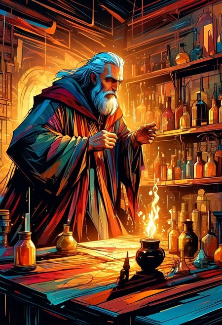 An elderly alchemist with a long white beard and tattered robes mixes potions in a candle-lit laboratory. Shelves of strange ingredients, bubbling cauldrons, mystical symbols, parchment scrolls, extreme close-up, portrait, warm, golden light.