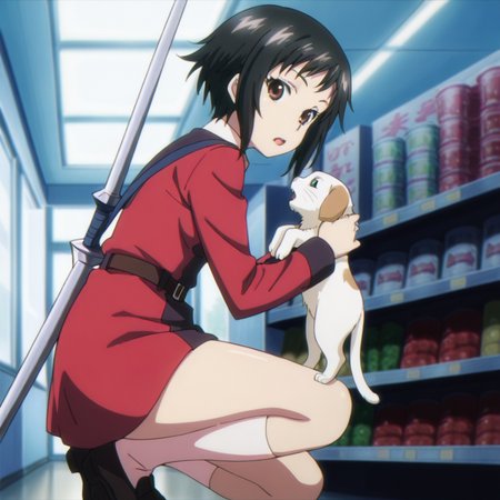 nsfw, masterpiece, best quality, amazing quality, 1girl, solo, strike_the_blood_shio_hikawa, short hair, weapon, black hair, brown eyes, holding, squatting, holding animal, polearm, cat, looking at viewer, animal, open mouth, belt, uniform, socks, day, supermarket, <lora:Shio_Hikawa_-_Strike_the_Blood_2:0.7>