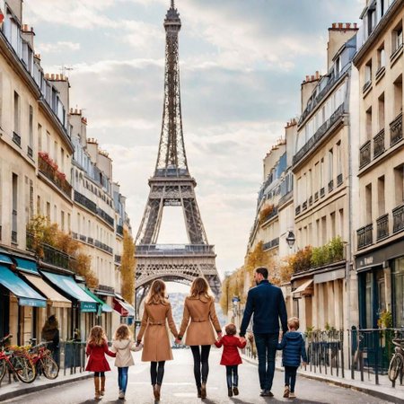 family  walk through Paris in a busy street with many houses and the Eiffel Tower in the background