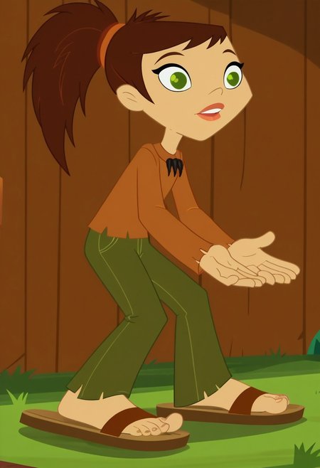 score_9, score_8_up, score_7_up, 1girl, solo,
long-sleeved brown sienna shirt, olive green pants, brown hair, green eyes, sharp ponytail, sandals
woods background,perfect hands, show accurate, perfect feet,