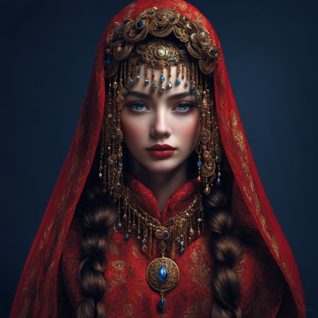 <lora:woman in red>,hn,1girl,solo,veil,blue eyes,looking at viewer,red lips,black background,long hair,braid,necklace,portrait,simple background,brown hair,gem,realistic,lips,closed mouth,head chain,upper body,lipstick,gold,dark background,multiple braids,