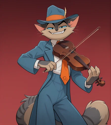 solo, anthro, furry, dark eyes, smile, blue coat, blue pants, white shirt, collared shirt, orange tie, blue headwear, pose, posing, pinup, sexy pose, smug, evil smile, looking at viewer, simple background, violin, red background,, gradient background, 
BREAK masterpiece, best quality, amazing quality, very aesthetic, high resolution, ultra-detailed, absurd res, newest,     <lora:rockyld:1> rocky rickaby