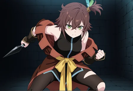 anime screencap, anime coloring, close-up, 1girl, hort hair, brown hair, side ponytail, feather hair ornament, green eyes, sleeveless, vest, off shoulder, sash, pantyhose, torn pantyhose, indoors, dungeon, holding weapon, holding, kunai, angry, fighting stance,  <lora:Nan_tof_Vesperia_r1:1>, masterpiece, best quality, amazing quality, very aesthetic, absurdres, highres, newest