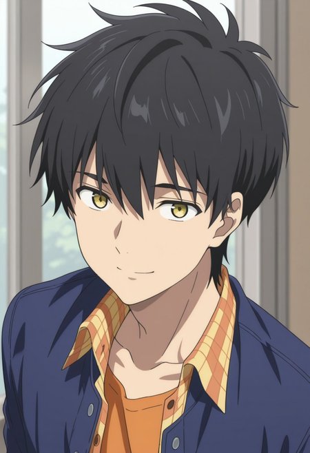 masterpiece,best quality,amazing quality, source_anime, 
KurouSakuragawa, 1boy, male focus, solo, yellow eyes, black hair, shirt, plaid shirt, collared shirt, open shirt, orange undershirt, blue jacket, open jacket, smile,