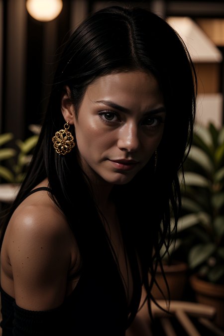 bhsm1, 1girl,  black hair,  earrings, outdoors, long hair,  potted plant, solo, upper body, , close-up, dark background, 
masterpiece, best quality, intricate detail,       <lora:LCM_LoRA_Weights_SD15:1> <lora:backlight_slider_v10:-0.5>