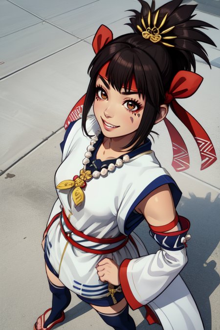 himiko, short black hair, brown eyes, ponytail, facial mark,  teeth,  from above, 
headband, hair hair ornament, blue thighhighs, detached sleeves, white robe, necklace, shorts, 
standing, upper body, 
sengoku period, castle, solo,  light smile,  
(insanely detailed, beautiful detailed face, masterpiece, best quality)
 <lora:himiko:0.7>