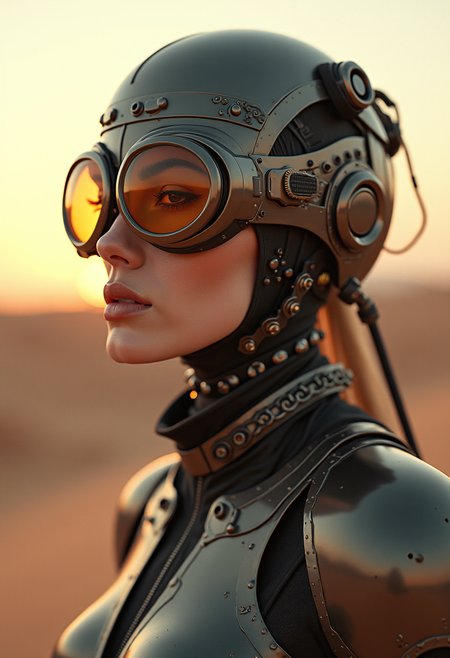 A biomechanical-steampunk hybrid, an ethereal woman with a single pair of steampunk goggles and transparent rose-tinted lenses, stands in a harsh desert landscape. Her mechanical parts and cyborg enhancements create a fusion of organic and synthetic, ancient and futuristic elements, wearing high neck urban techwear that covers her torso. The setting sun casts a warm glow on her face, featuring an atmospheric perspective, creating a surreal and hyper-detailed scene. The mood is one of wonder and intrigue.