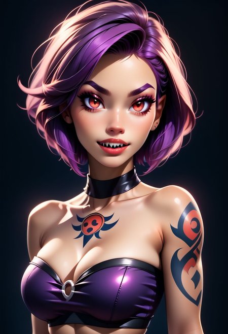 score_9, score_8_up, score_7_up, score_6_up, score_5_up, score_4_up score_9,score_8_up, digital art, upper body shot, realistic 3D illustration, 
BREAK,
CultistChan, purple hair, red eyes, short hair, sharp teeth, tattoo, choker, bandeau, 
BREAK, 
subsurface scattering, soft lighting, contemplative expression, dark background, subtle makeup, high-resolution, detailed texture, emotional depth, dramatic mood, side profile, serene atmosphere, cinematic lighting. perfectly round breasts, big breasts, firm breasts, SkinHairDetail, eye contact