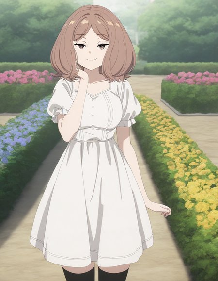 masterpiece, best quality, newest, absurdres, highres, safe,, <lora:mage-edel-s1-illustriousxl-lora-nochekaiser:1>, edel, brown hair, brown eyes, medium hair, medium breasts, anime screencap, thighhighs, dress, black thighhighs, white dress, short sleeves, puffy sleeves, puffy short sleeves, garden, flowers, path, plants, tranquil, , head rest, smug, looking at viewer, solo,, cowboy shot, solo