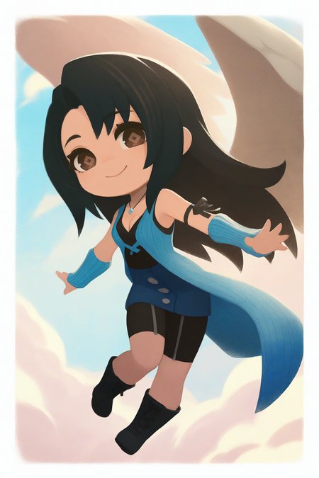 masterpiece, best quality, 1girl, solo,  <lora:ffrinoa-illu-nvwls-v1-000007:1> ffrnaht, black hair, long hair, dark brown eyes, necklace, light blue cardigan, cleavage, black shirt, sleeveless, blue skirt, shorts under skirt, arm ribbon, arm warmers, black boots, angel wings  <lora:style_onmyoji_illustriousXL-GLoRA:1> onmyojistyle, chibi, white border, diamond-shaped pupils, full body, arms outstretched, blue sky, clouds, smile, looking at viewer