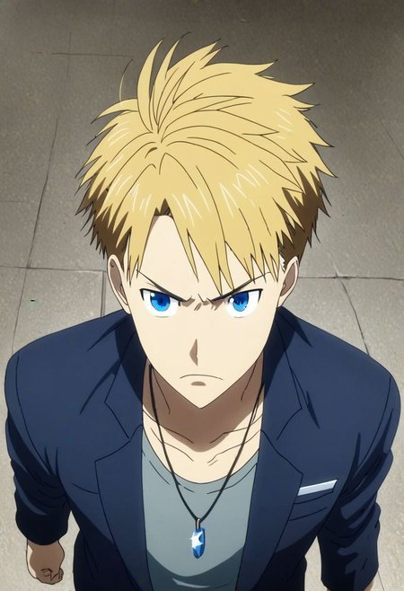 high resolution, professional photography, solo, best quality, 1Boy, Yamato Ishida, Blond Hair, Deep Blue Eyes, Necklace, standing, straight facing upwards, casual, seen from above, arrogant face, dominant, intimidate, OverallDetail