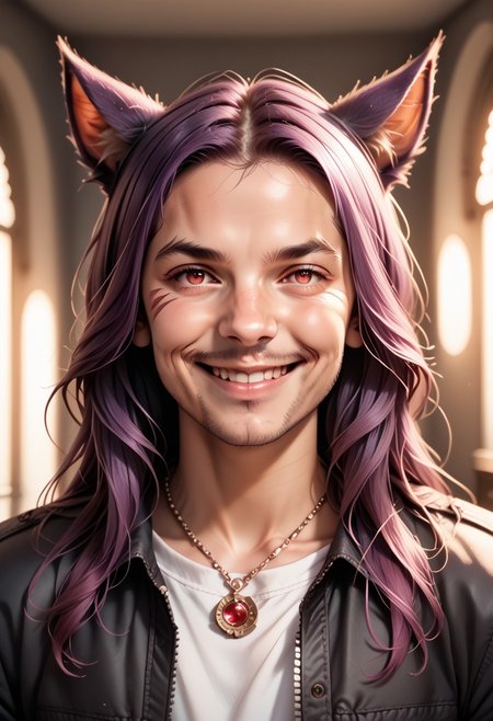 h0tp33p0, miqo'te, male focus, solo, jewelry, 1boy, facial hair, necklace, animal ears, purple hair, smile, red eyes, jacket, facial mark, looking at viewer, cat ears, hat, grin, beard, long hair, portrait,  cinematic lighting, cinematic angle, score_9, score_8_up, score_7_up, score_6_up, score_5_up, score_5_up, score_4_up